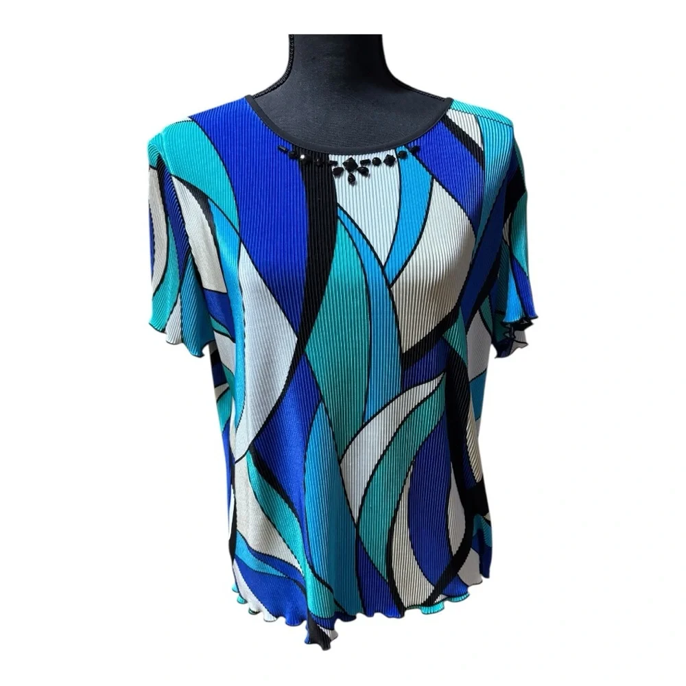 Alfred Dunner Teal and Navy Abstract Blouse Size PM - Picture 2 of 7